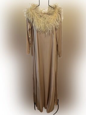 Vintage 1960’s Lilli Diamond Neutral Tan Maxi Dress with Feather Trim